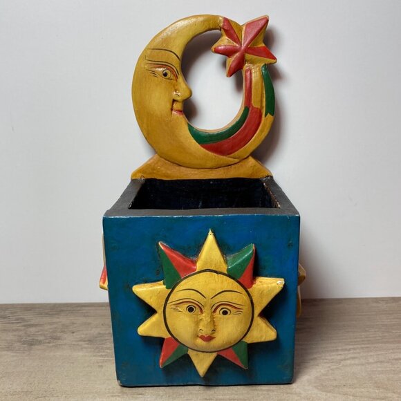 Vintage Celestial Wooden Box 1990s Carved Folk Art Sun, Moon & Star Home Decor - Picture 1 of 10